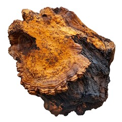 Close-up of a burned tree trunk, the wood is blackened and charred with some areas of yellow, orange, and brown.