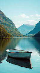 Wall Mural - A serene Swedish lake with rowboat gently floating on calm waters, surrounded by majestic mountains and lush greenery. tranquil scene evokes sense of peace and natural beauty