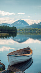 Wall Mural - A serene Swedish lake features rowboat gently floating on calm waters, surrounded by lush greenery and distant mountains. tranquil scene evokes sense of peace and natural beauty