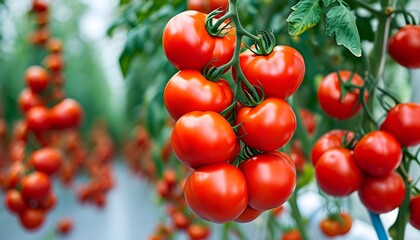 Vibrant red tomatoes ripening on the vine in a lush greenhouse, highlighting the abundance and freshness of organic produce