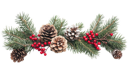 Wall Mural - Christmas Composition with Fir Branches, Red Berries, and Pine Cones on White Background