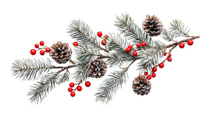 Wall Mural - christmas composition with fir branches, red berries, and pine cones on white background