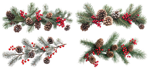 Wall Mural - christmas composition with fir branches, red berries, and pine cones on white background
