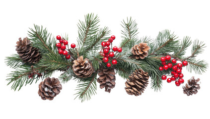 Wall Mural - christmas composition with fir branches, red berries, and pine cones on white background