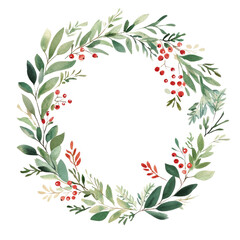 Wall Mural - watercolor christmas wreath with greenery and red berries on white background, soft beige palette
