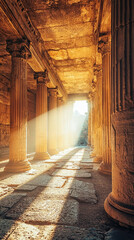 Wall Mural - Sunlight streaming through columns of an ancient structure creates warm and inviting atmosphere, highlighting intricate details of stonework and casting beautiful shadows