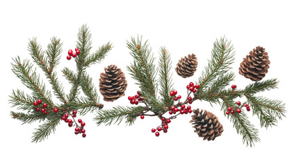 Wall Mural - christmas flat lay composition with pine branches, red berries, and pine cones on white background