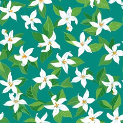 Wall Mural - White flowers bloom on green foliage.