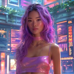 A young woman with purple hair in a vibrant, neon-lit urban setting.