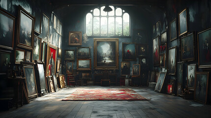 Vintage Art Gallery Interior with Paintings, Windows, and  Dark Wood Floor - Illustration