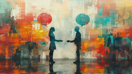 Contemporary art collage. Two young people standing in speech bubbles and shaking hands. Meeting an make deals online.