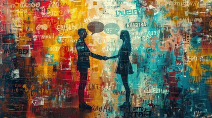 Contemporary art collage. Two young people standing in speech bubbles and shaking hands. Meeting an make deals online.