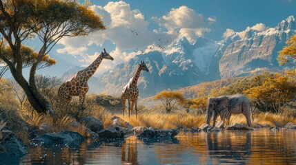 Illustration of a giraffe and two elephants standing by a waterhole in the African savannah.