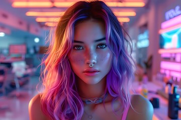 A vibrant portrait of a young woman with colorful hair in a neon setting.