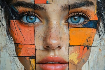 abstract collage portrait young womans face fragmented with geometric shapes bold colors mixed media aesthetic contemporary art style dynamic composition