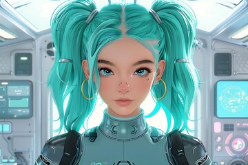 A futuristic character with teal hair in a sci-fi setting.