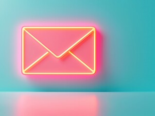 Sticker - Neon Envelope Icon on Blue Background.