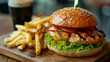 © Ali - fresh and juicy grilled chicken burger with French fries on the wooden board, fast food advertising banner background