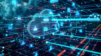 Wall Mural - futuristic artificial intelligence based cloud database management system technology visualization t