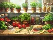© MIN_NK - A rustic kitchen windowsill filled with fresh herbs, spices, and ripe tomatoes, bathed in warm sunlight.