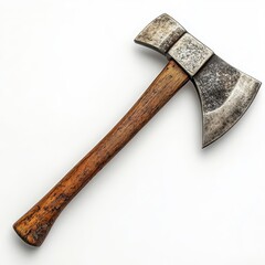 A vintage axe with a worn wooden handle and a metallic blade, showcasing rustic charm and traditional craftsmanship.