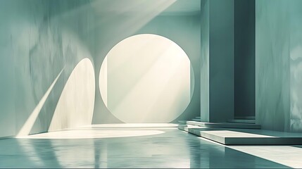 Wall Mural - A serene, minimalist interior with soft light and circular elements.