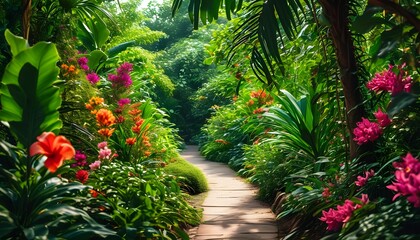 Vibrant tropical garden featuring lush foliage and colorful flowers along a charming winding path