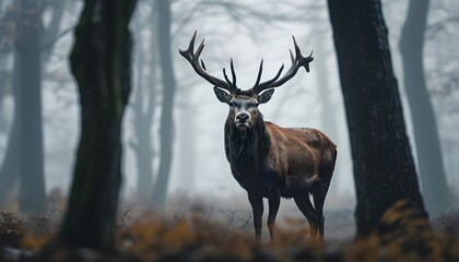 Sticker - Majestic stag amidst the enchanting mist of a tranquil forest