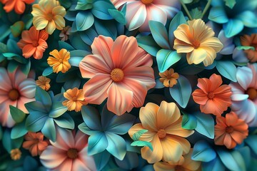 a vibrant close-up of colorful flowers and leaves in a 3d style. the image evokes a sense of spring 