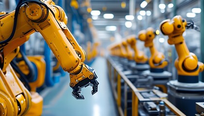 Close-up of a robotic arm with mechanical hand in an industrial factory environment