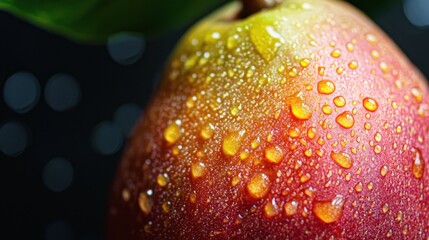 A close-up shot of a guava with droplets of water glistening on its skin, showcasing its fresh and juicy texture, set against a dark, textured background, to enhance the vibrant color of the guava,