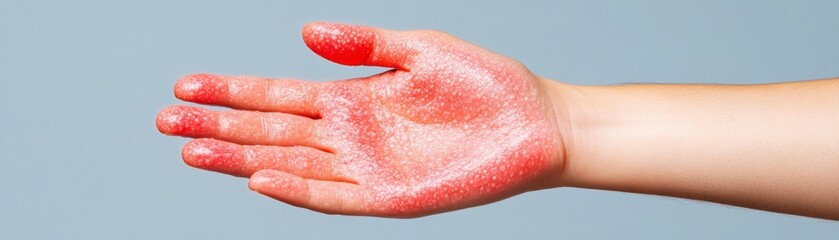 Close-up of inflamed red skin on a hand showing severe dermatitis with bumpy texture and signs of irritation and discomfort.