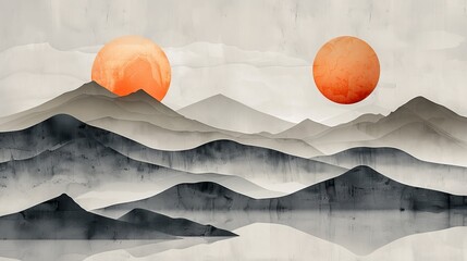 Abstract watercolor painting of a mountain range with two large orange suns in the sky.  Minimalist and serene, ideal for modern decor.