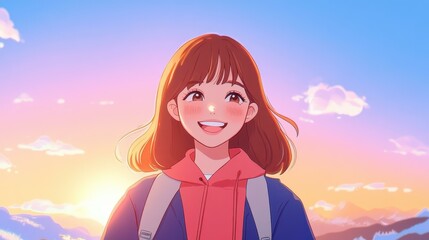 Canvas Print - A vibrant anime character smiles brightly while gazing at the camera, capturing the warmth of a stunning sunrise.