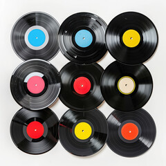 vinyl records music retro vintage lp collection black analog round colorful classic audio album old-fashioned sound musical nostalgia turntable disc pattern 