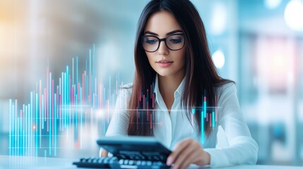 A professional woman reviews financial graphs and uses a calculator, focused on market research and investment planning.