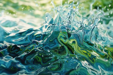 Close-up of water droplets splashing and creating a crown-like shape on a turquoise surface with green and blue hues.