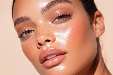model with soft baddie glam, showcasing perfectly arched brows, long fluttery lashes, a smooth conto