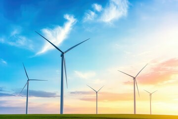 A modern wind farm at sunrise, wind turbines generating power with the sky painted in soft morning colors A serene yet powerful scene with room for copy