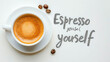 © Anucha - A hand-lettered quote 'Espresso yourself' next to a cup of espresso and coffee beans, highlighting the invitation for self-expression and energy through the love of coffee in a cozy, artistic style.