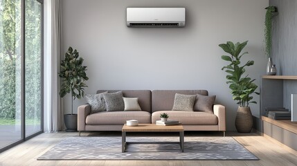 Wall Mural - Cozy living room with a dual-output AC splitter, providing efficient cooling to separate areas.