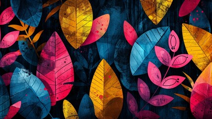 Vibrant abstract pattern with colorful leaves on a dark background.  A modern and artistic design for various projects.