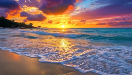 Tropical beach sunset with vibrant colors illuminating gentle waves and golden sand, creating a picturesque coastal paradise