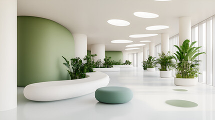 Wall Mural - Modern Minimalist Lobby Interior Design with Green Plants and Organic Shapes, Perfect for Office, Hotel, and Retail Spaces