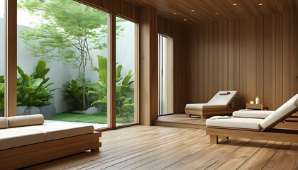 Serene minimalist spa retreat featuring wooden accents and lounge chairs with a tranquil garden view through a large window