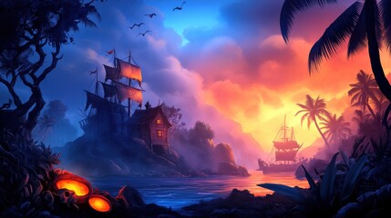 Wall Mural - Magical Sunset with Ships and Palm Trees