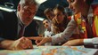 © AQ Arts - A group of emergency management professionals in a meeting room, discussing a crisis situation, with one person pointing at a map with a look of determination.
