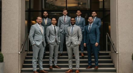 Six Men in Suits Posing on Steps