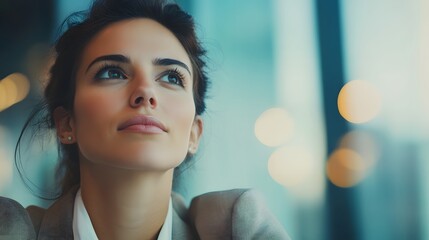 Wall Mural - Woman in a Grey Suit Looking Up, Dreamy Expression with Bokeh Background