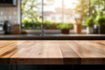 Wall Mural - Wooden table on blurred kitchen bench background. Empty wooden table and blurred kitchen background